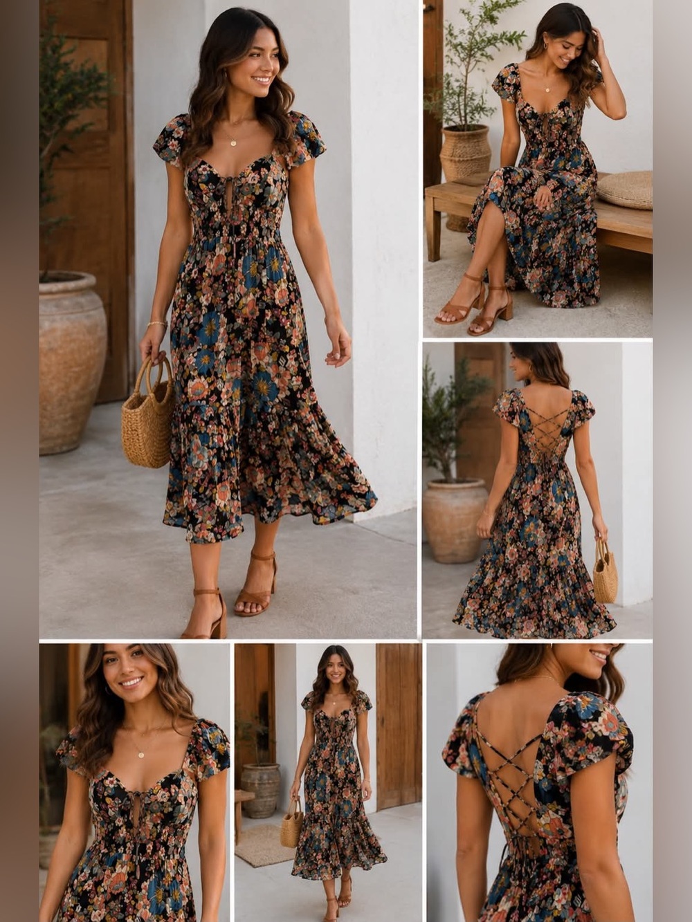 Black Floral Midi Dress with Sweetheart Neckline
